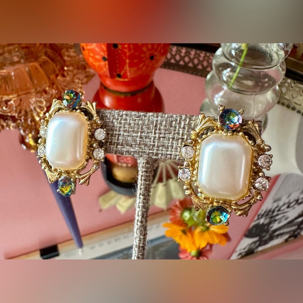 1960's High Society Baroque Faux Pearl and Watermelon Rivoli Crystal Earrings
